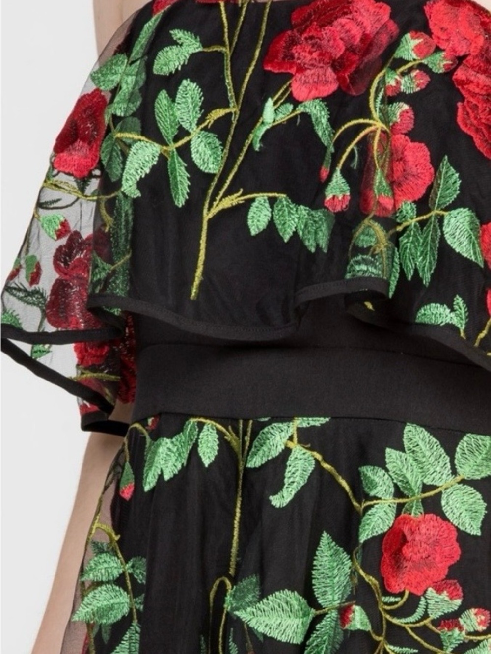 Black with red Embroidery Floral Mini Dress with adjustable straps - Picture 2 of 7